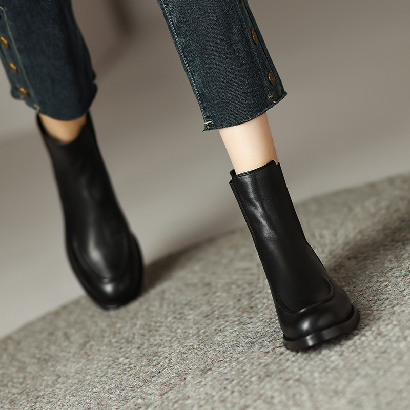 2024 Autumn Genuine Retro Women Shoes Round Toe Chunky Heel Winter Female Leather Boots a908
