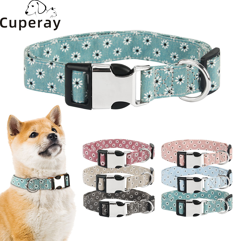 Newest Cute Dog Collar Floral White Daisy ,Adjustable Printing Pet Collar with Metal Buckle for Dogs and Cats Pet Accessories