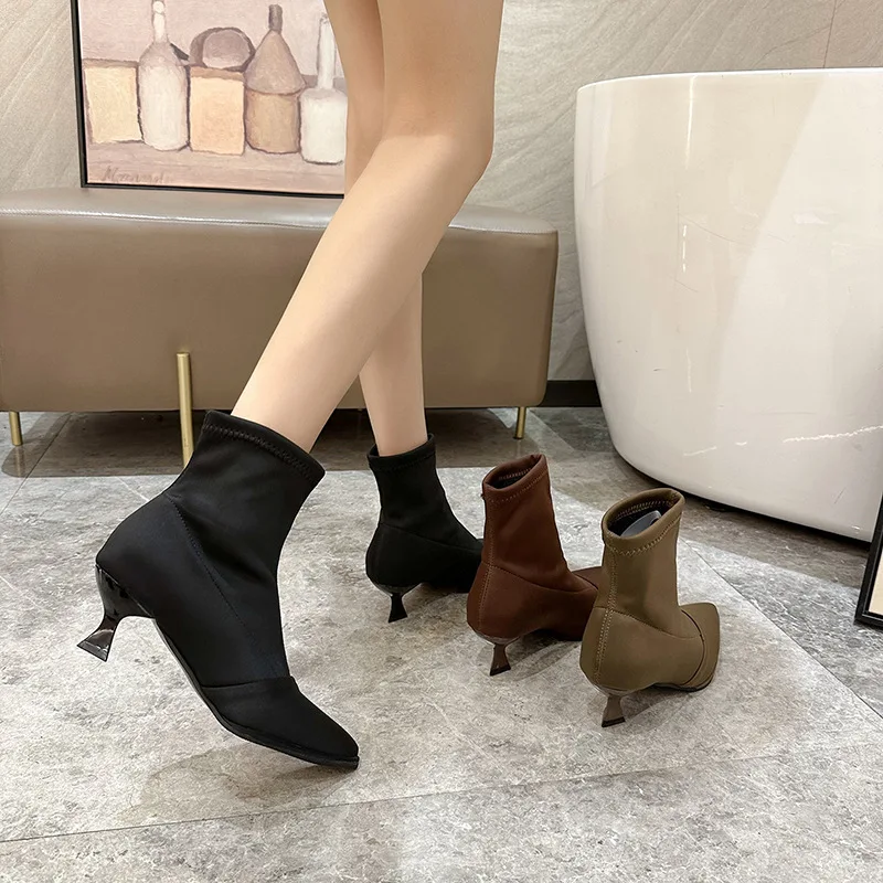 Women Elastic Socks Short Boots Pointed Toe Ladies Elegant Thin Heel Slip On Slim Ankle Boot Chelsea Shoes 2023