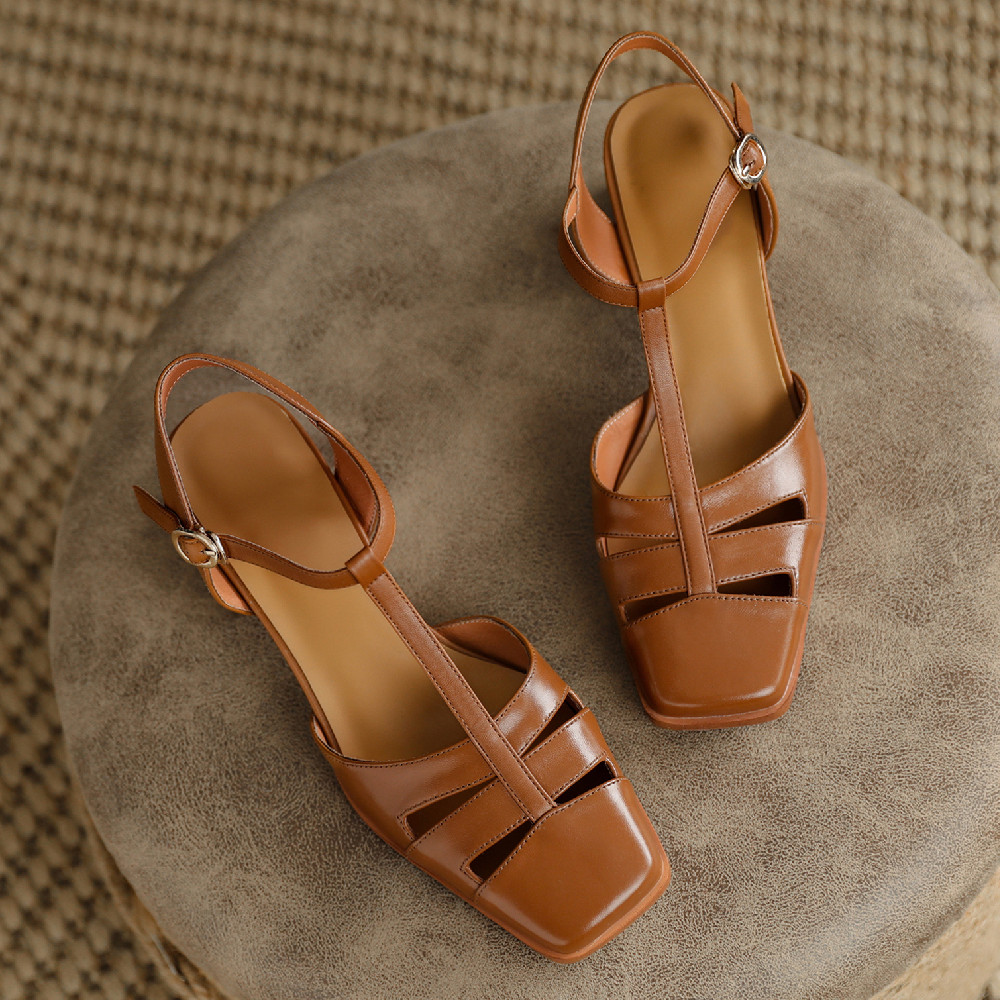 cow Women's leather 5cm thick med heel New sqaure toe t-strap sandals hollow-out breathable summer pumps high heeled shoes for women 3a40 ed