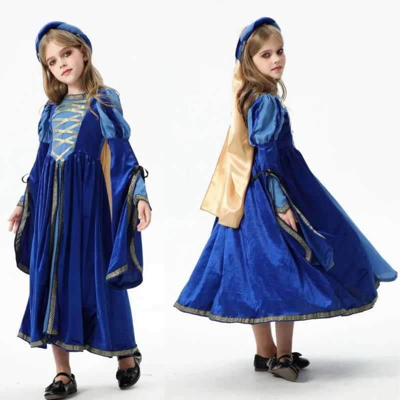 Childrens Vampire Costume Retro Palace Horror Witch Dress Medieval Renaissance Girls Halloween Role Playing Vampire Blue Dress Set W240914