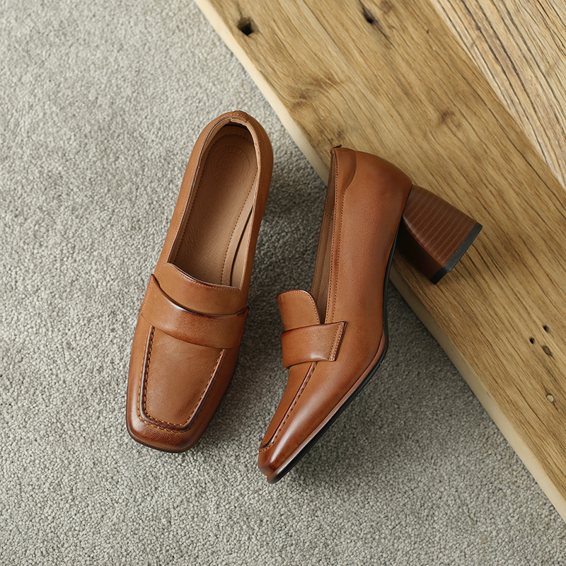 2025 new Spring/Autumn Square Toe High Heels Sheep Skin Chunky Heel Pumps Slip-on Solid Colors Shoes for Women 2a65