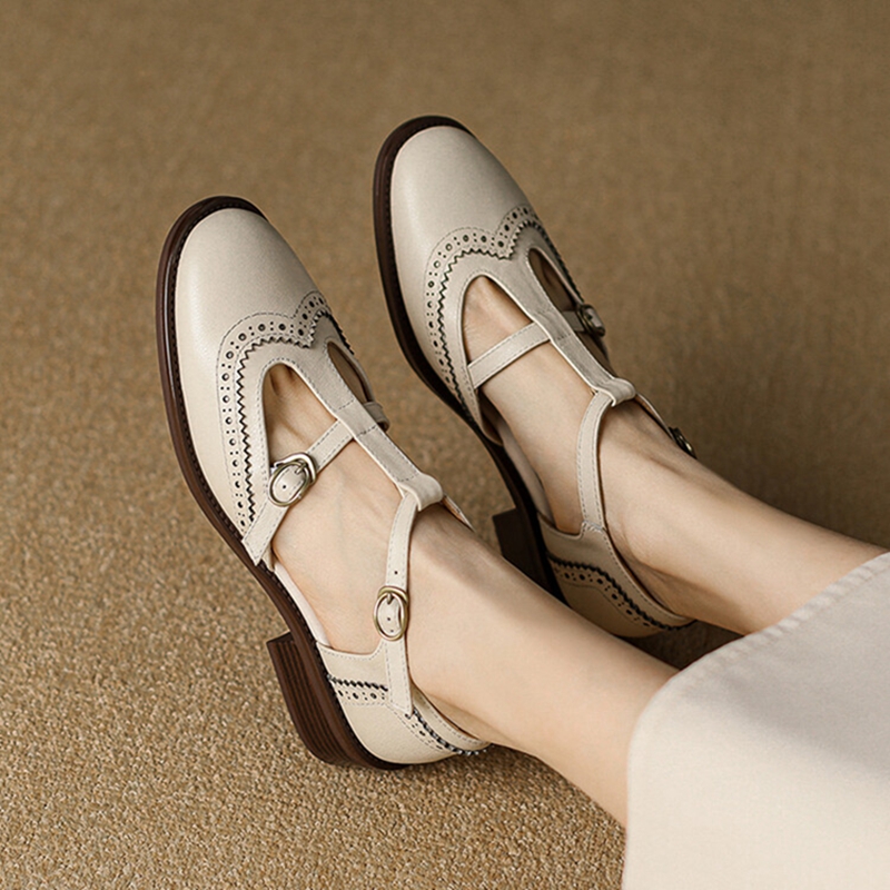 Summer NEW Sandals Genuine Leather for New Women Round Chunky Toe Brogue Cover Heel Black Shoes 8767