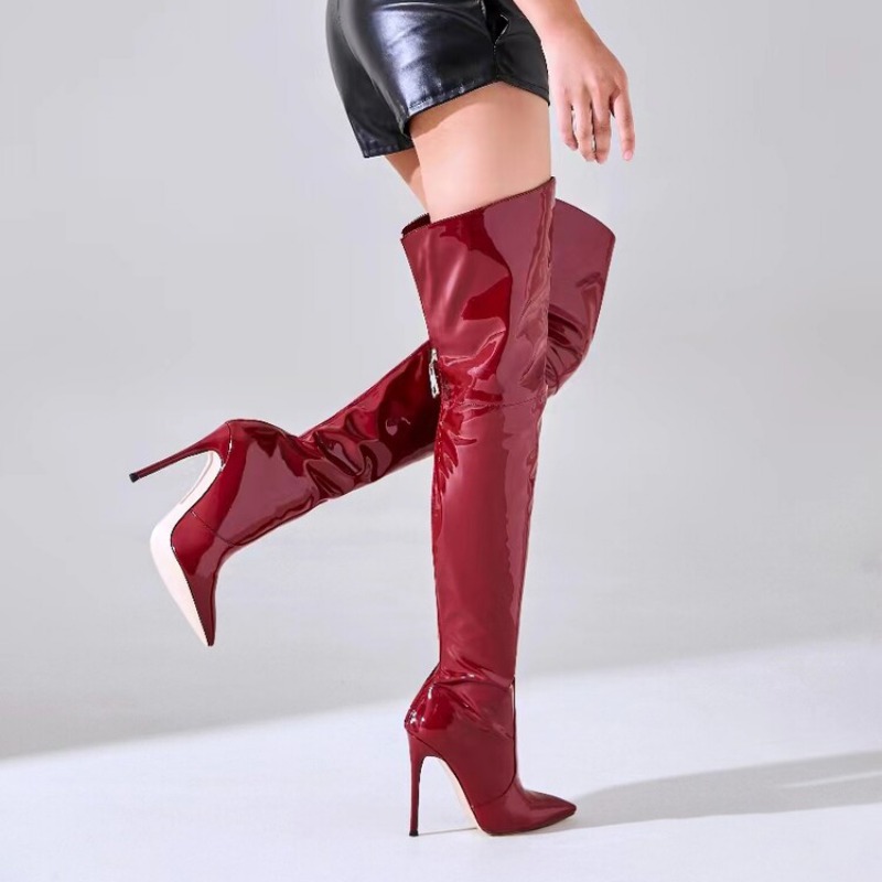 Size 36-47 Black Brown Leather Over The Knee Women European American Autumn Winter Short Plush 12cm High Heel Long Boots