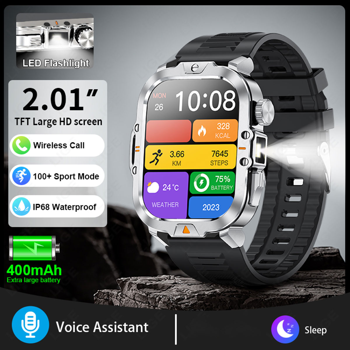 LIGE's new smartwatch with motion, step counting, alarm clock, handheld light, multifunctional wireless communication, voice assistant, remote co