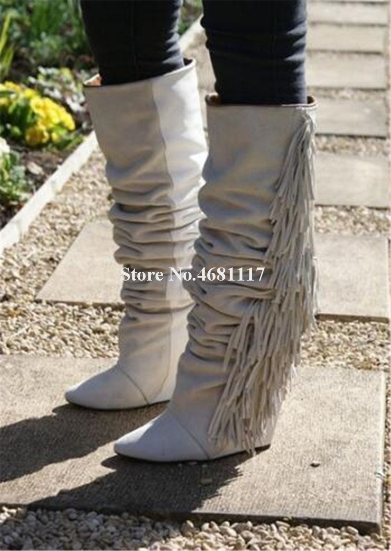 Women Elegant Boots Charming Pointed Toe Suede Leather Tassels Knee High Wedge Black Grey Beige Side Fringes Long Wedge Boots