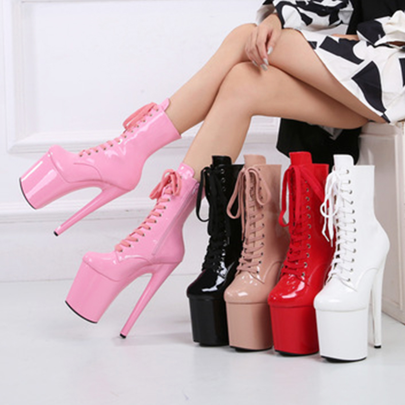 Custom Colors 8 Inch High Heel Platform Pole Dancing Ankle Boots Women Shoes Sexy High 17 20 CM Nightclub Zipper Lace-up Heels