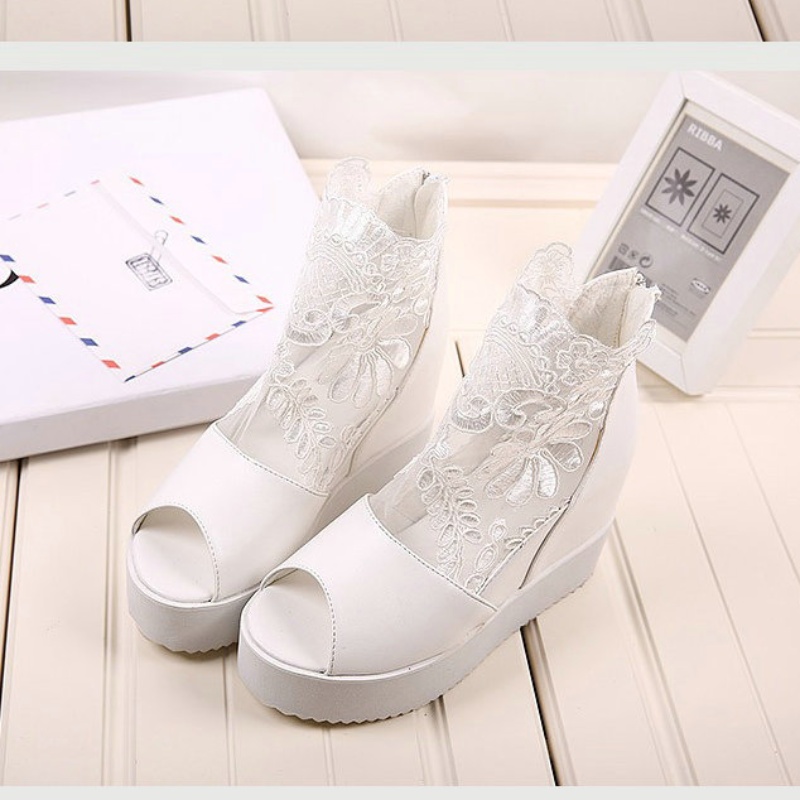 2024 Women's Wedge Shoes Muffin Platform Inside Raised Fish Mouth Summer Boots Women's Sweet Lace High Heels