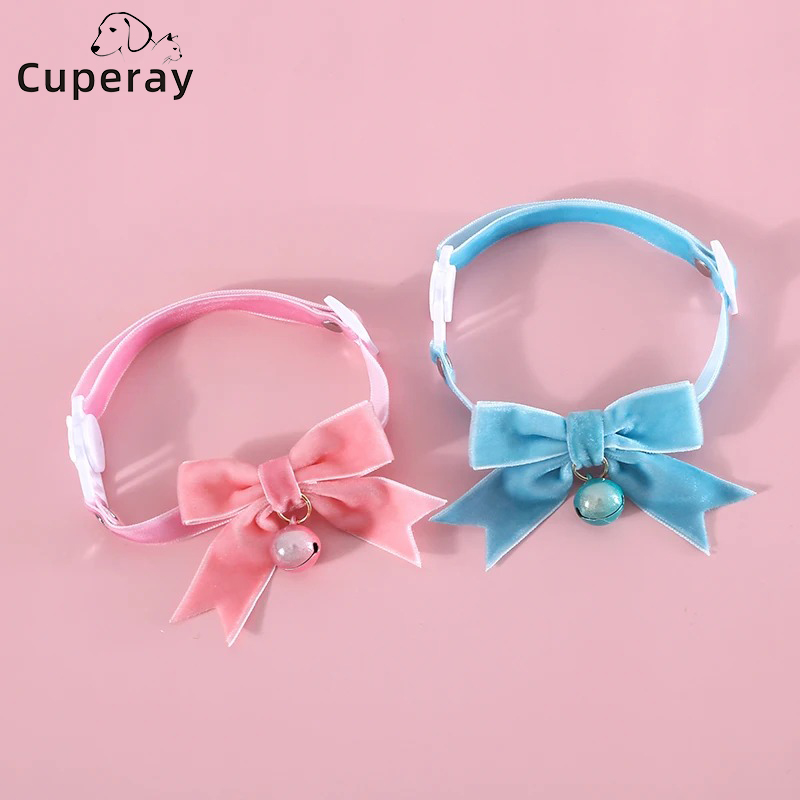 Small Pet Velvet Bowknot Collar with Bell Adjustable Breakaway Cat Collars Cute Safety Necklace Bow Tie for Cat Kitten Dog Puppy
