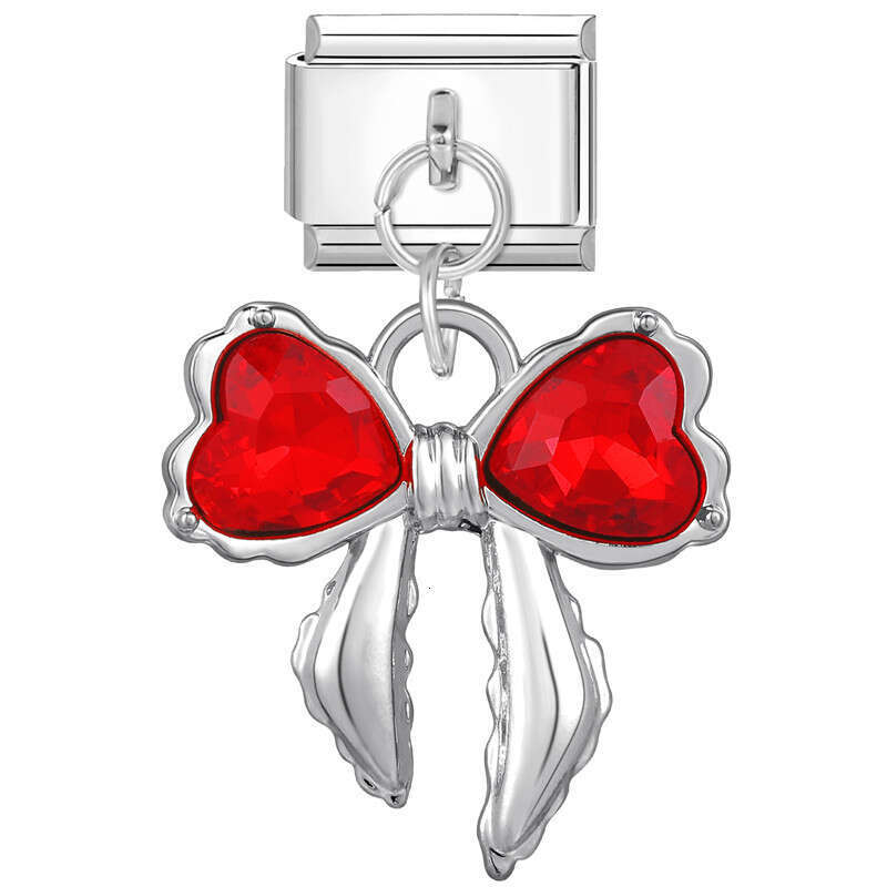 New Women's Gift red enamel Strawberry cherry bow Pendant Italian Charms Links Bangle Beads Fit 9mm Stainless Steel Bracelet Making DIY For Women