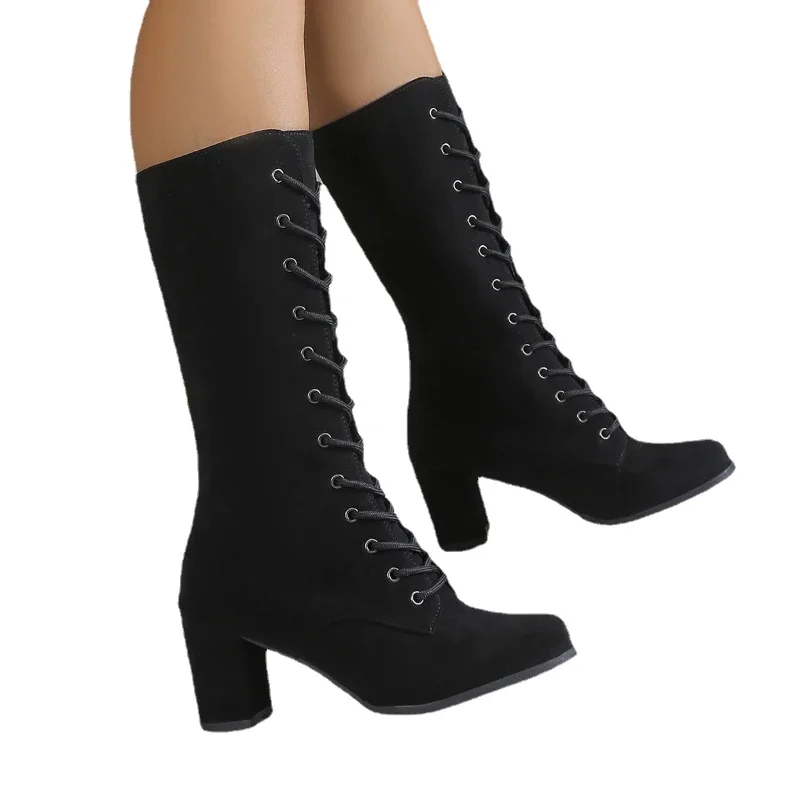 Knee-high Zipper Women's Boots 2023 Winter High Quality New Square Heel Shoes for Women Solid Round Toe Lace Up Boots Female