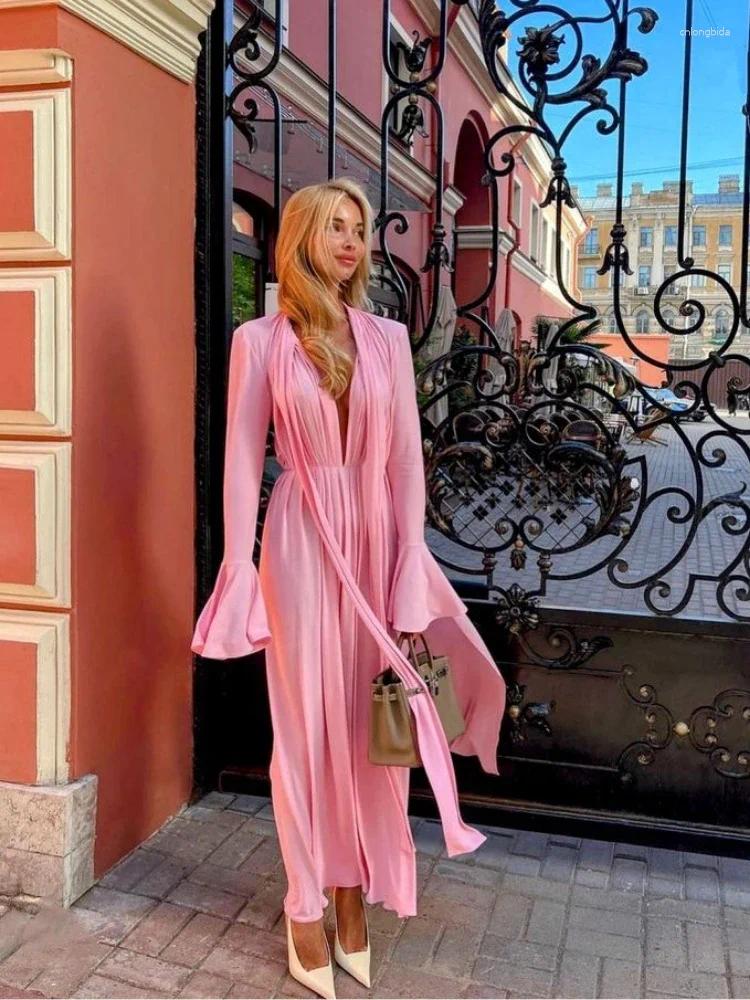 Casual Dresses XIZOU Spliced Appliques Ruched For Women Half High Collar Flare Sleeve Waist Split Thigh Solid Dress Female Cloth