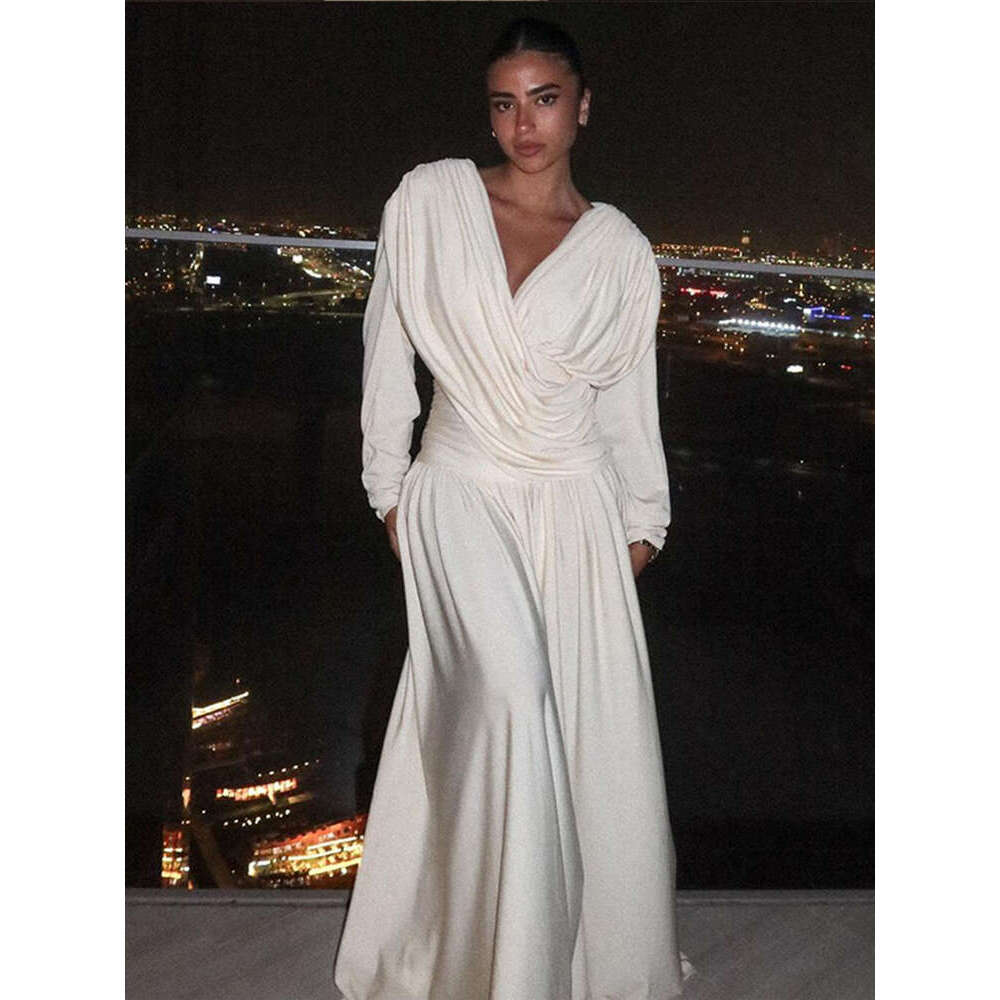 Women Fashion Solid V-Neck Draped Maxi Dress Elegant Long Sleeves Backless Slim Dresses 2024 New Summer Female High Streetwear