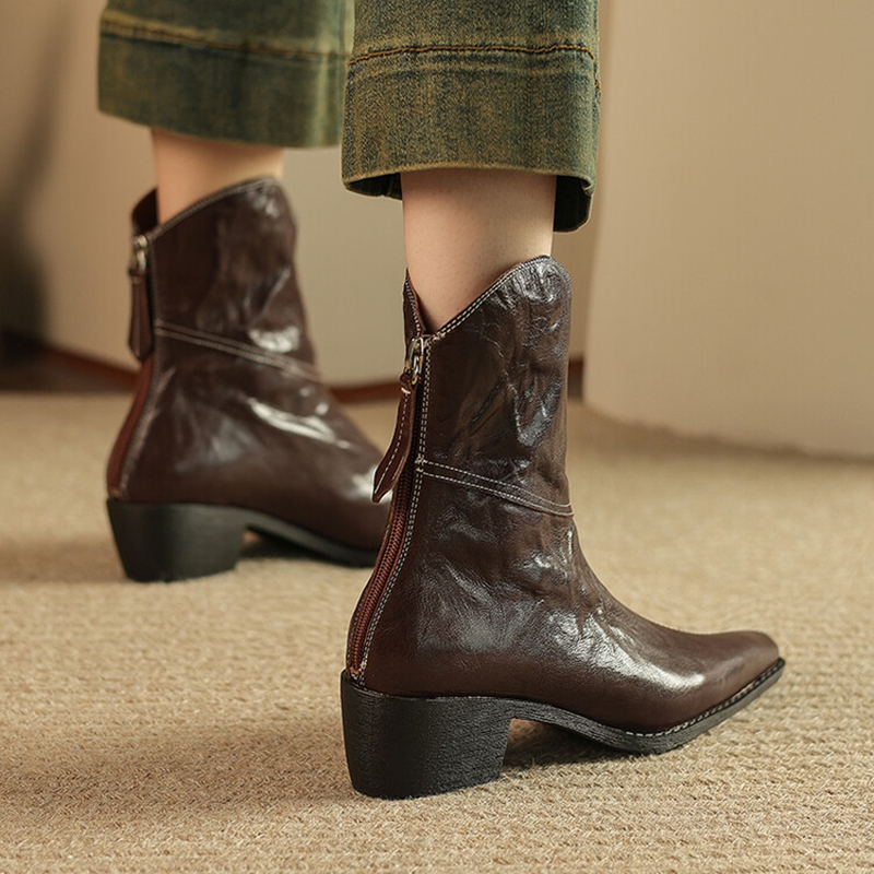 Autumn NEW Genuine Leather for Women Square Toe Chunky Heel Shoes Soft Zip Ankle Concise Western Boots da88