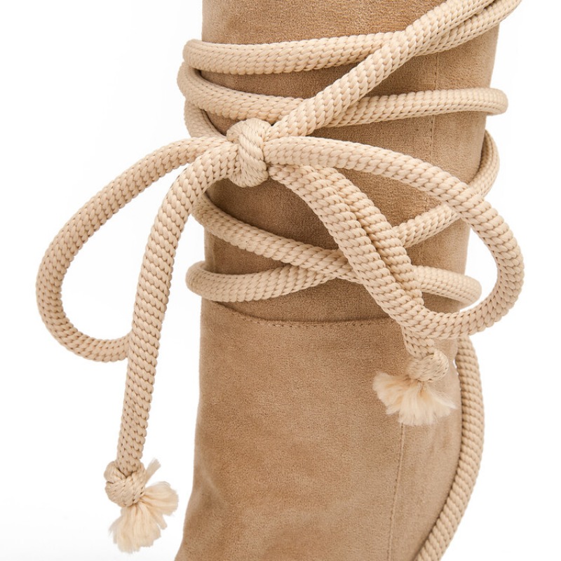 Solid Color Hemp Rope Cross Strap Pointed Thick Heeled Long Autumn Winter New Punk Rock Style Women Knee High Boots 35-46