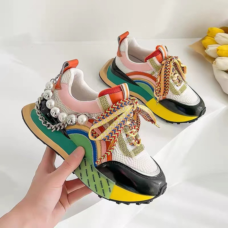 Lace Up Pearl Chain Decorative Women's Vulcanized Shoes Women's Platform Sneakers Zapatos De Mujer Women Shoes
