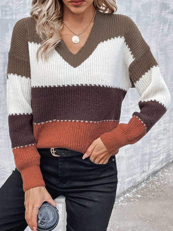 dongdumaoyi New Autumn/Winter V-neck Sweater Amazon Cross border Foreign Trade Women's Knitted Sweater Fashion Color blocked Loose and Versatile 