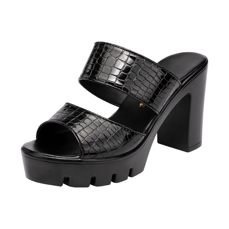 10cm Block High Heels Shoes Patent Leather Slippers Women Summer 2024 Elegant Outside Platform Slides for Wedding Office Model