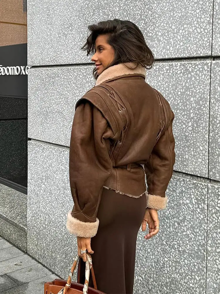 Fashionable cashmere leather patch work jacket with belt womens brushed tie lapel long sleeved ultrathin streetwear 240905