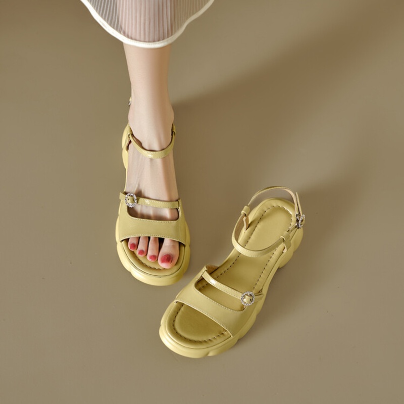 2025 new Summer NEW Round Toe Thick Heel Split Leather for Women Casual Buckle Handmade Shoes Platform Sandals e0b1 Platm