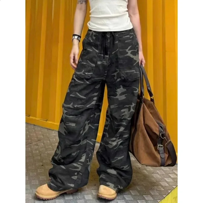 Deeptown Vintage Oversize Camouflage Cargo Pants Woman America Retro Casual Baggy Trouser High Waist Streetwear Wide Pantalones 240906