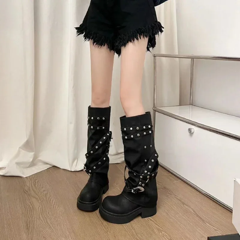 Western Cowgirl Fashion Autumn Knee High Boots Women Punk Style Pu Leather Long Botas Woman Black Studded Pant Boot 0d15