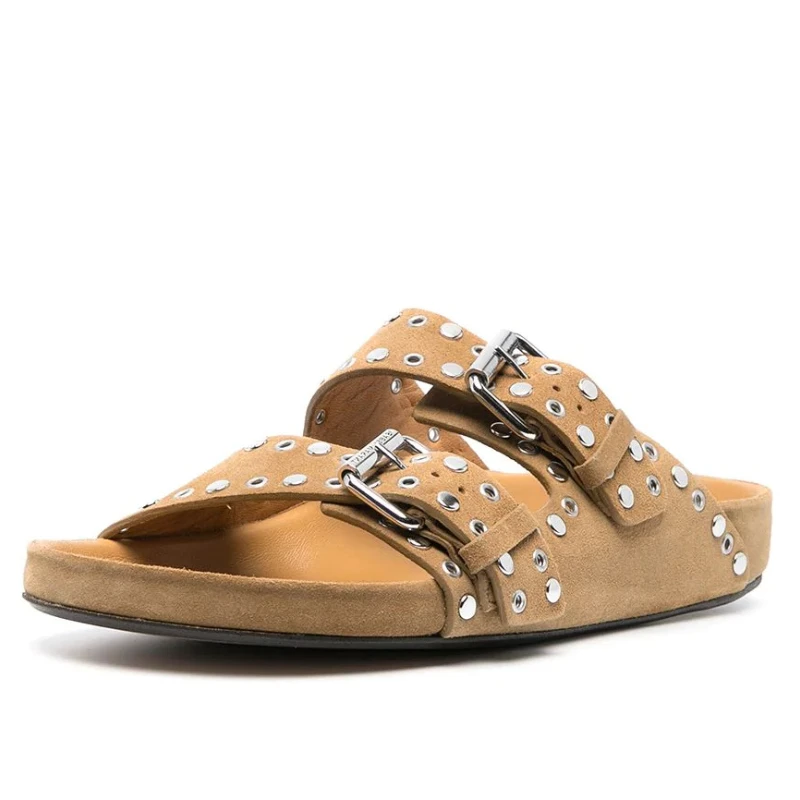 Beach Rivet Slippers: Unisex Cowhide Roman Non-Slip Flat Sandals, Summer Casual Outdoor