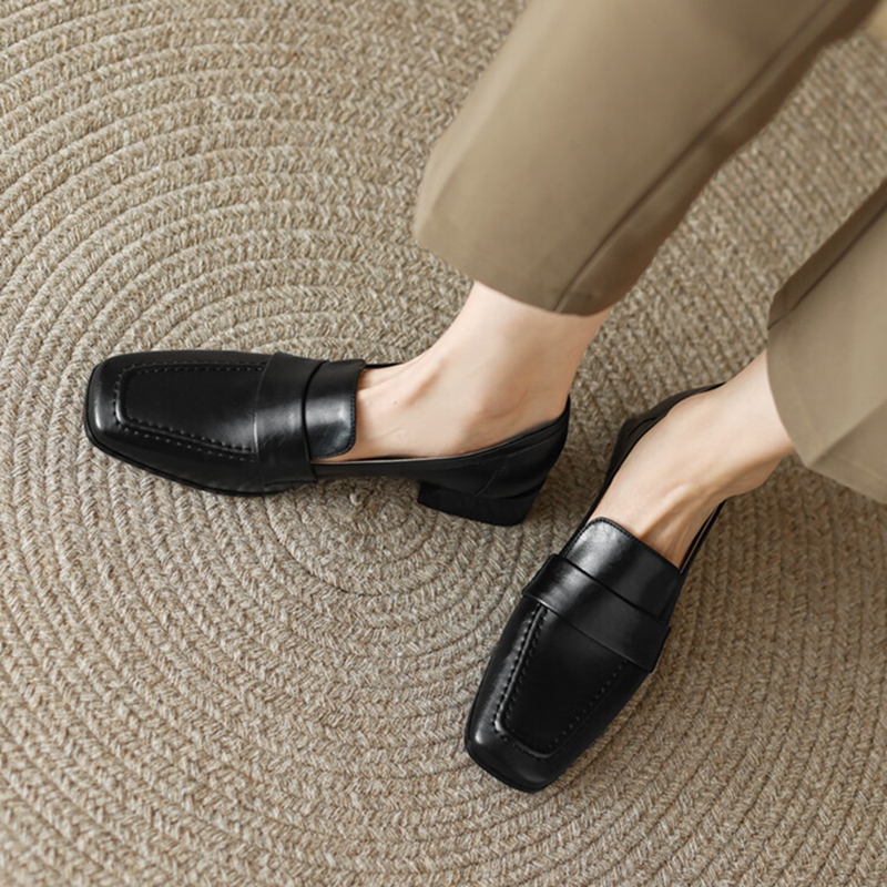NEW Spring/Autumn Women Loafers Square Toe Chunky Heel Shoes Split Leather Shoes for Women Concise Low Heel Slip-on Women Pumps
