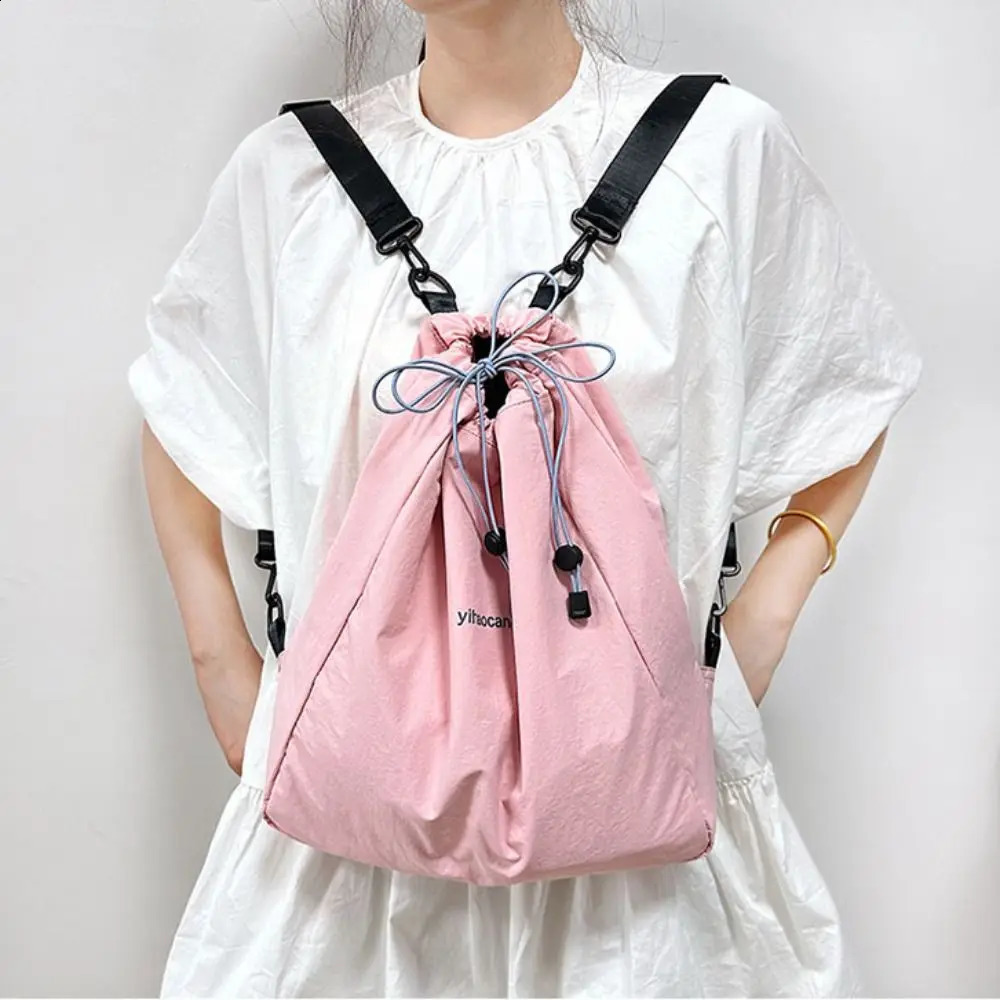 Breathable solid color drawstring backpack Korean canvas nylon backpack large capacity school backpack shoulder bag travel bag 240912