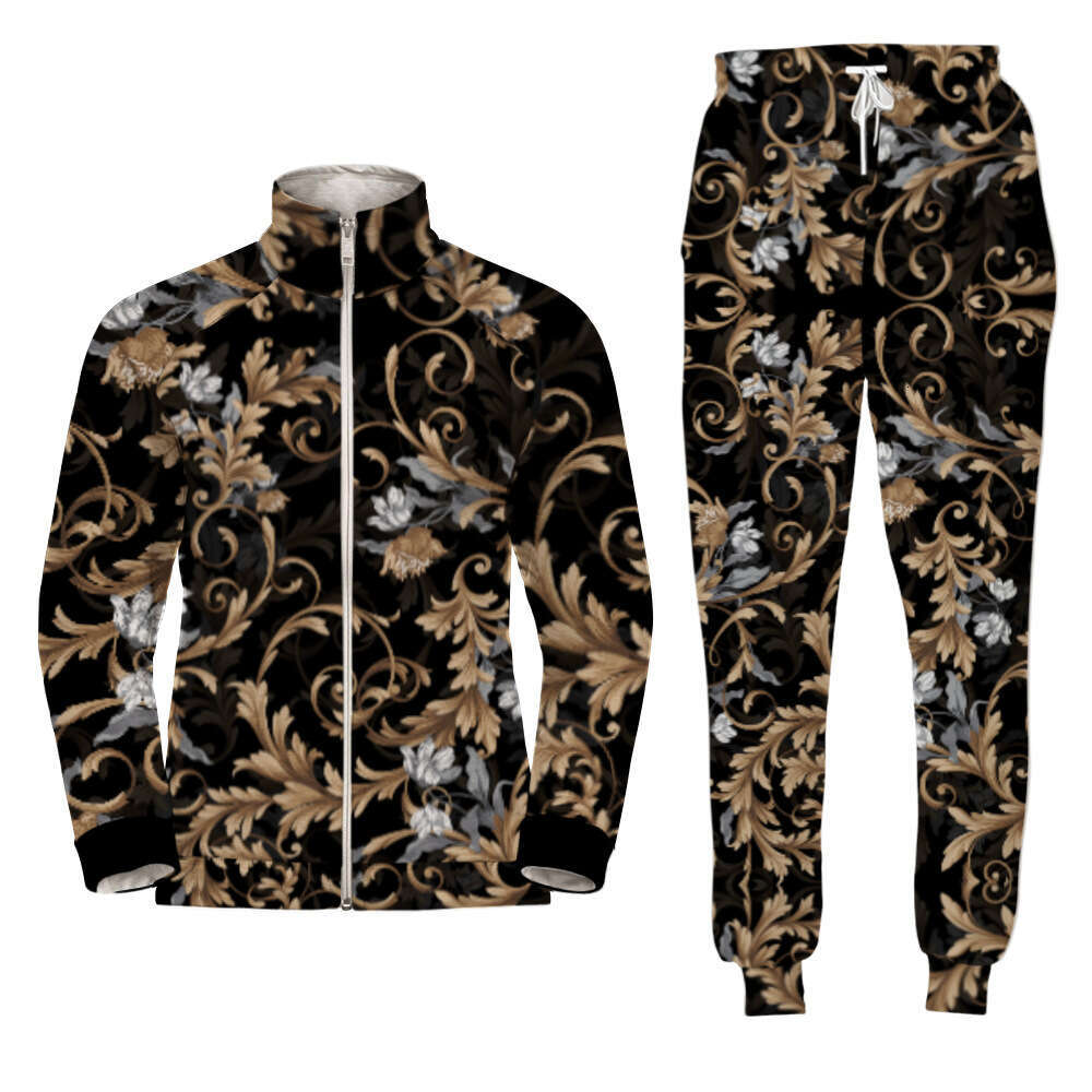 European men's casual sports with 3D digital printing long sleeved pants and zippered shirt set
