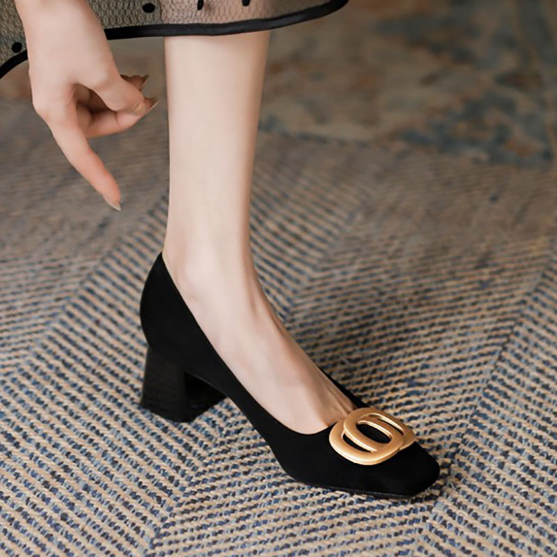 Plus Size 41 Women Pumps Square Toe Boat Shoes Faux Suede Rhinestone High Heels Dress Shoes Black Basic Pump Zapatos Mujer 1308N