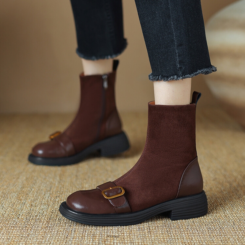 Autumn NEW Split for Women Round Toe Chunky Heel Shoes Zip Belt Buckle Sheep Suede Leather Boots 649f