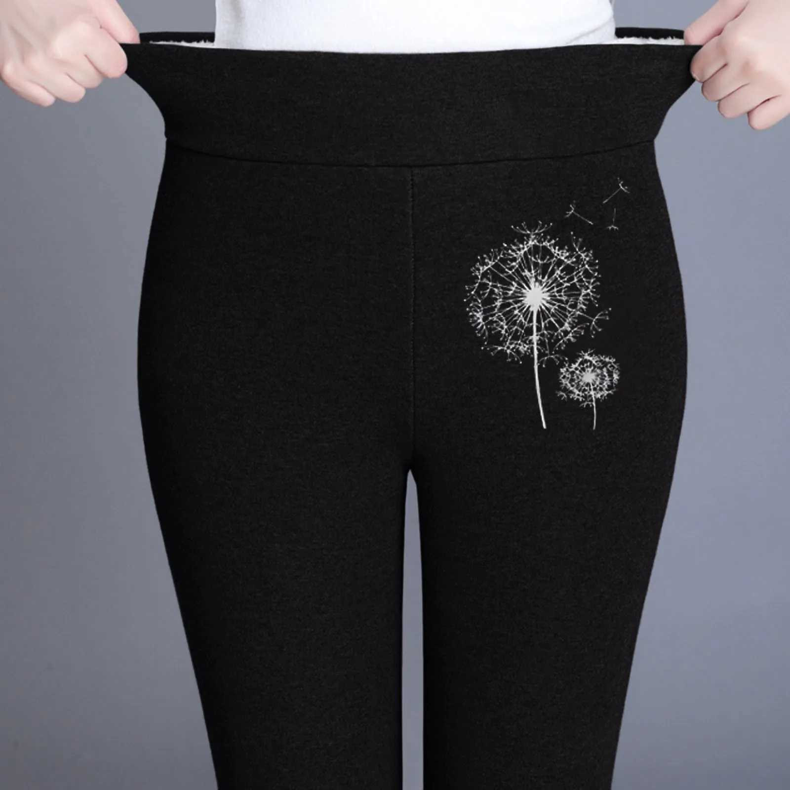 WomenS Autumn Winter Solid Color Flower Prints Workout Home Warm Elastic Waist Plush Trousers Pants Leggings 2025 Casual WearX240914
