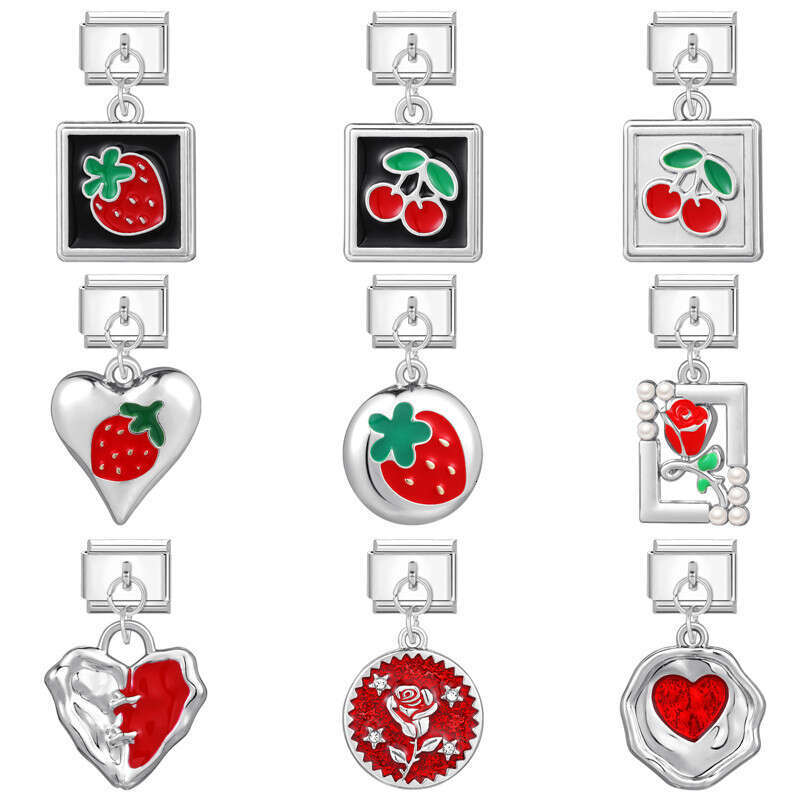 New Women's Gift red enamel Strawberry cherry bow Pendant Italian Charms Links Bangle Beads Fit 9mm Stainless Steel Bracelet Making DIY For Women