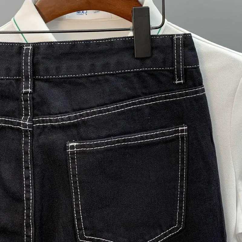 Fashion luxury Mens Knee Length Denim Shorts Summer 2024 Black Unique Line and Color Blocking Design cowboy short pants for menX240914