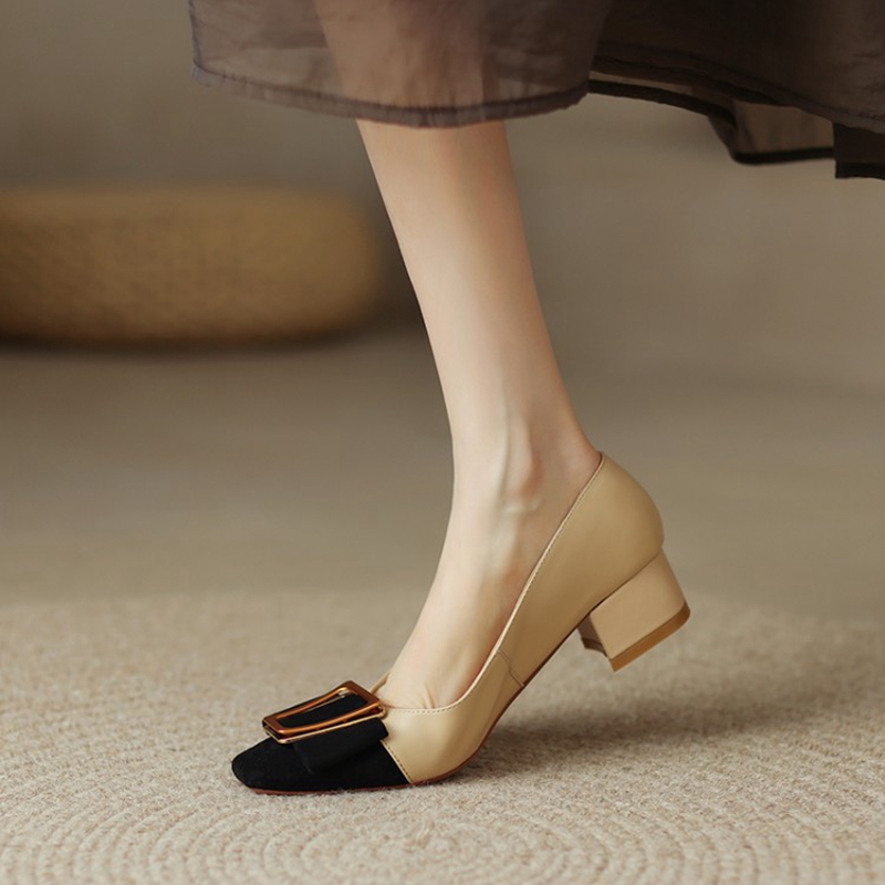 2022 Spring/Summer Women's Pumps Split Leather High Heels Square Toe Chunky Heel Women Shoes Metal Buckle Lady Shoes Party Shoes