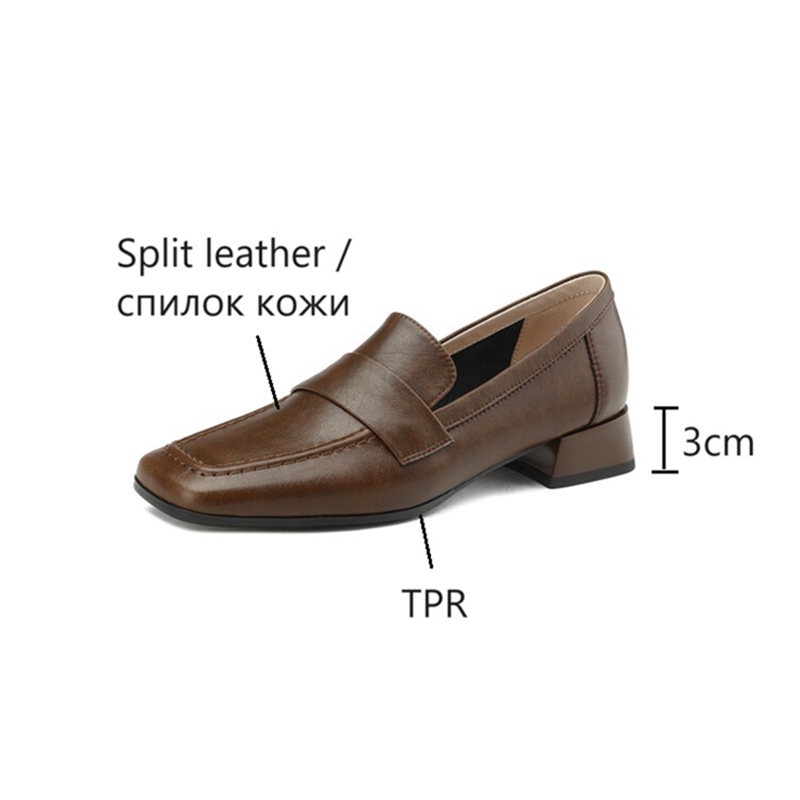 NEW Spring/Autumn Women Loafers Square Toe Chunky Heel Shoes Split Leather Shoes for Women Concise Low Heel Slip-on Women Pumps