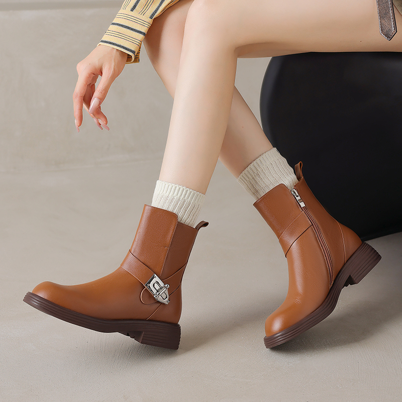 2024 New Autumn Genuine Leather Round Toe Chunky Short for Women Winter Med Heel Western Ankle Boots 8517