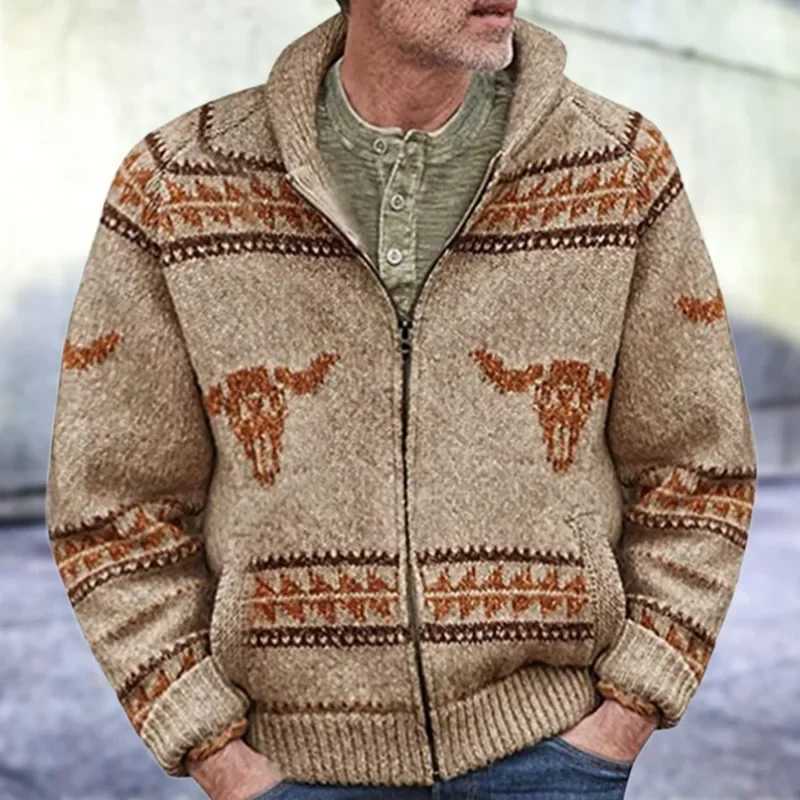 New Mens Casual Sweater Cow Head Jacquard Zipper Knitted Sweater Jacket for Autumn and Winter Thick Needle Sweater for MenXJ240907