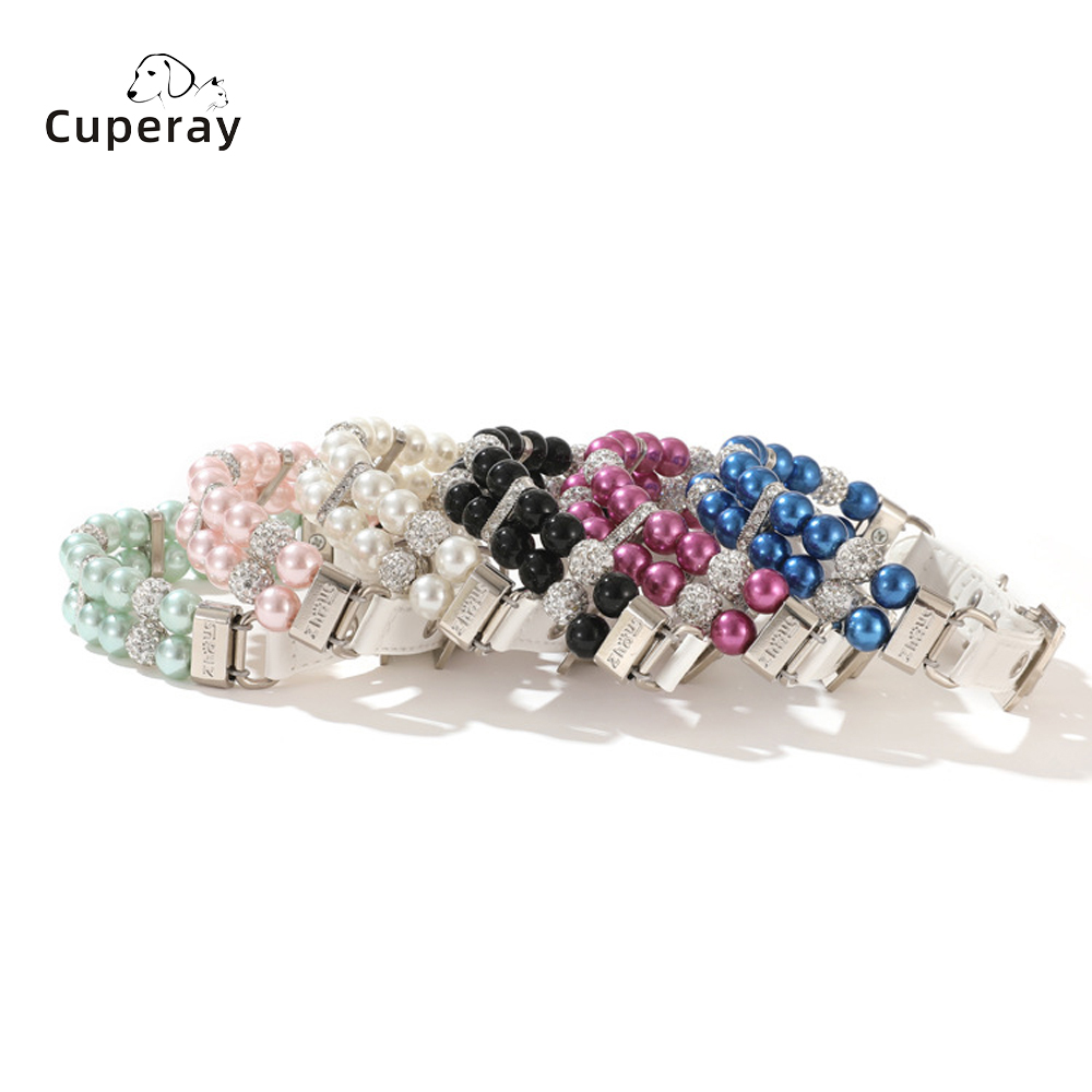 Dog Cat Pearl Collar with Crystal Rhinestones Dog Collar Necklace PU Leather Collar for Small Medium Dogs Wedding Birthday Party
