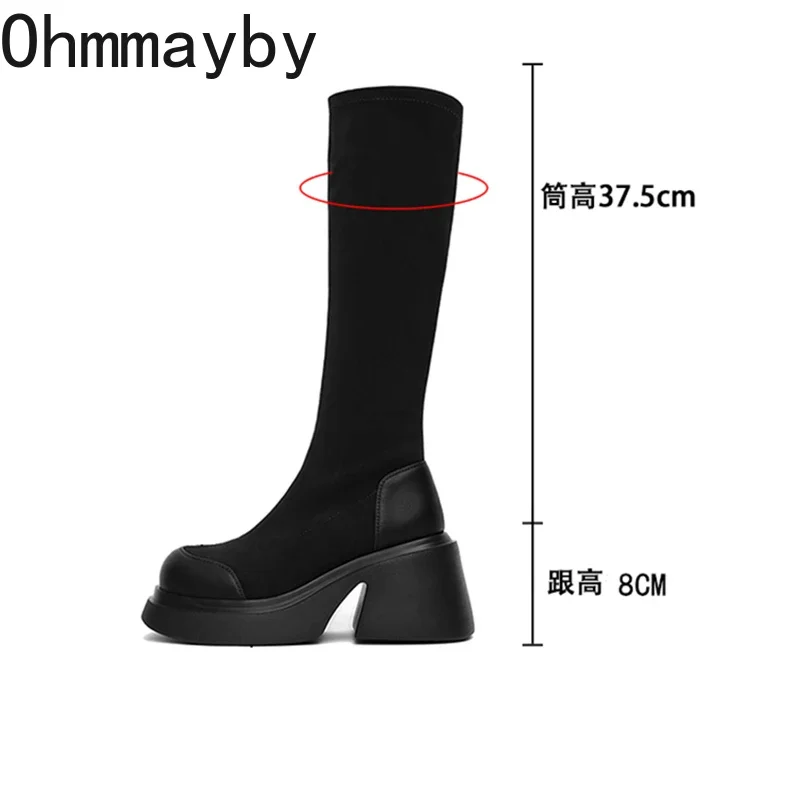 Women Platform Knee High Fashion Slip On Knight Long Boots Square Heels Autumn Winter Ladies Shoes 3384