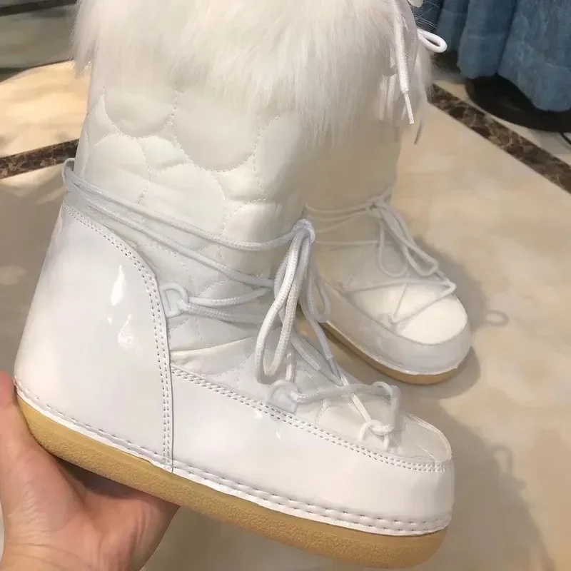 Shoes 2024 New Winter Fur Boots Snow Boots Women Ski Fluffy Hairy Lace Up Middle Calf Platform Flat with White Cotton Boots