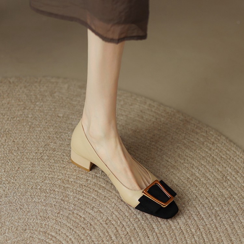 2022 Spring/Summer Women's Pumps Split Leather High Heels Square Toe Chunky Heel Women Shoes Metal Buckle Lady Shoes Party Shoes