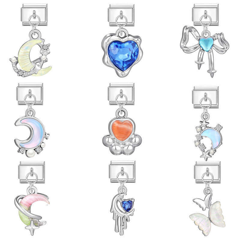 New Women's Gift Moon star Shiny CZ Pendant Italian Charms Links Bangle Beads Fit 9mm Stainless Steel Bracelet Making DIY For Women Fashion Jewel