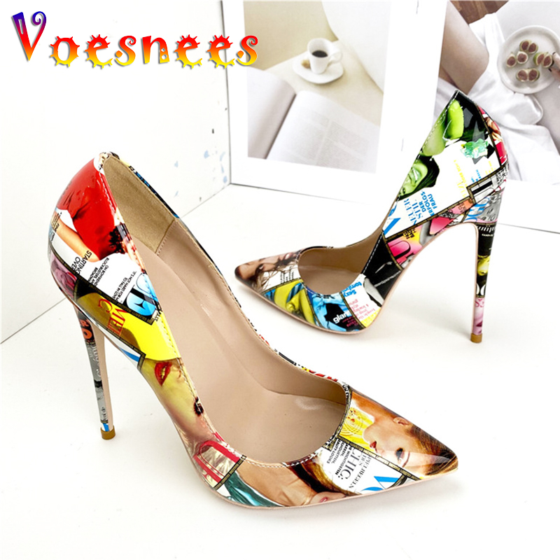 Europe And America Style Colorful Single Shoes Street Fashion Poster High Heels 12CM Nightclub Pointed Toe Women Printing Pumps