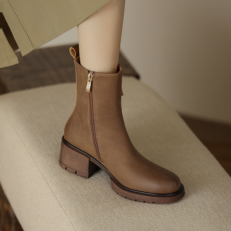 2024 Winter Genuine Leather Women Boots Round Toe Chunk Heel Platform Shoes Solid Chelsea Boots Casual Women Shoes Green Boots