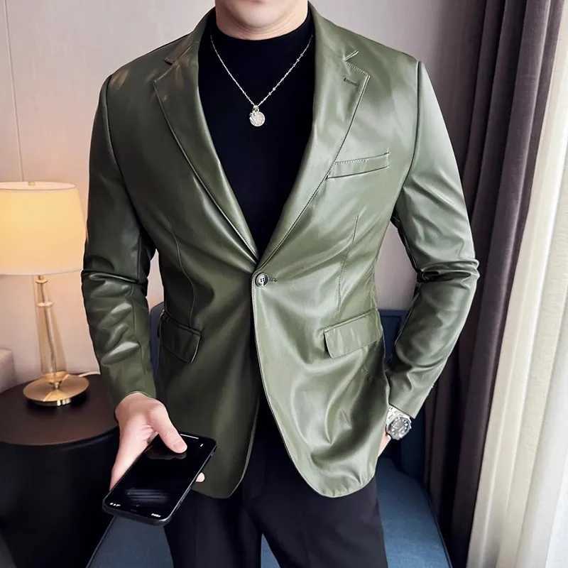 High Quality Leather Jacket Men Single Button Slim Fashion Leather Blazers Male Business Casual Suit Coats Solid PU Outwear ManX240913