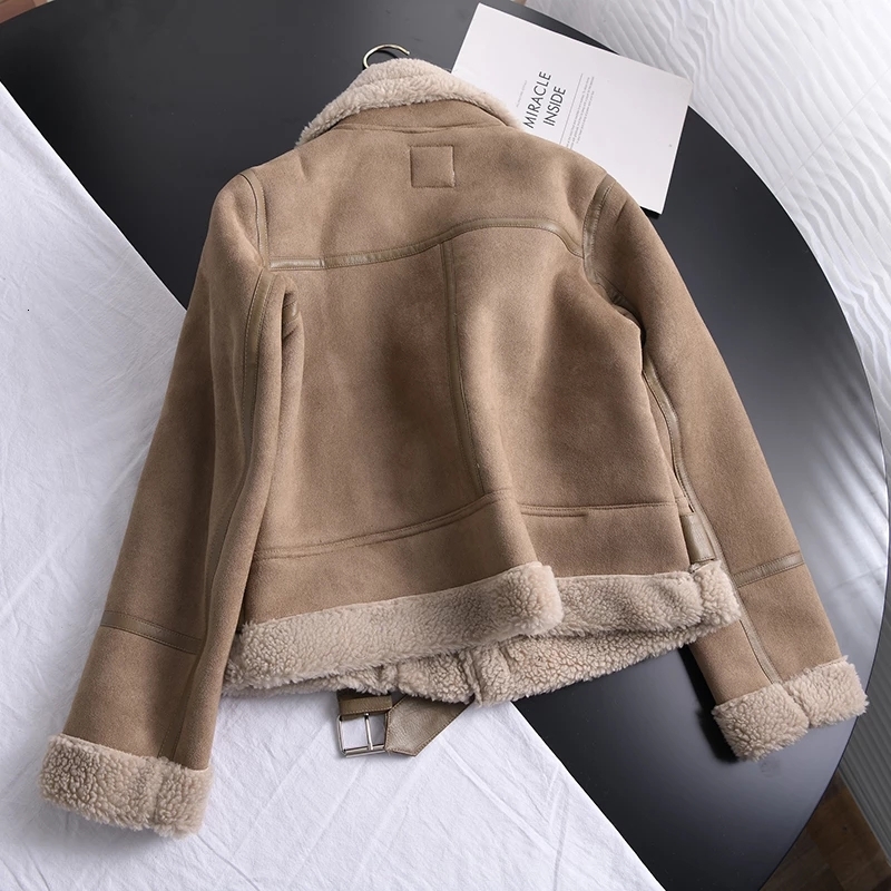 Winter Vintage Suede Lamb Short Women Thick Warm Moto Bike Black Coat Female Sashes Faux Leather Jacket Outwear With Belt