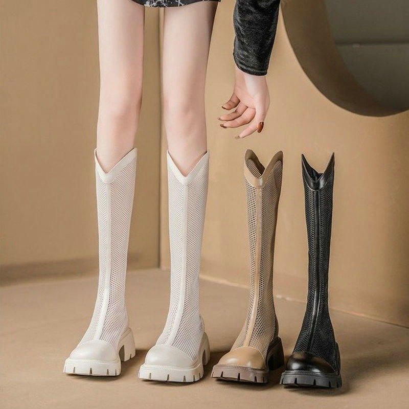 2024 Summer New Thigh-high Boots Women's Thin Style Breathable Mesh Gauze Thick bottoming Knight Boots Hollowed Out Mesh Boots