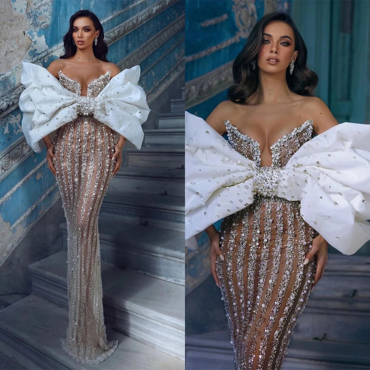 Luxury Mermaid Wedding Dresses See Through Pearls Sequins Strapless Bow Bride Gown Bridal Dress Illusion Custom Made Vestido de novia